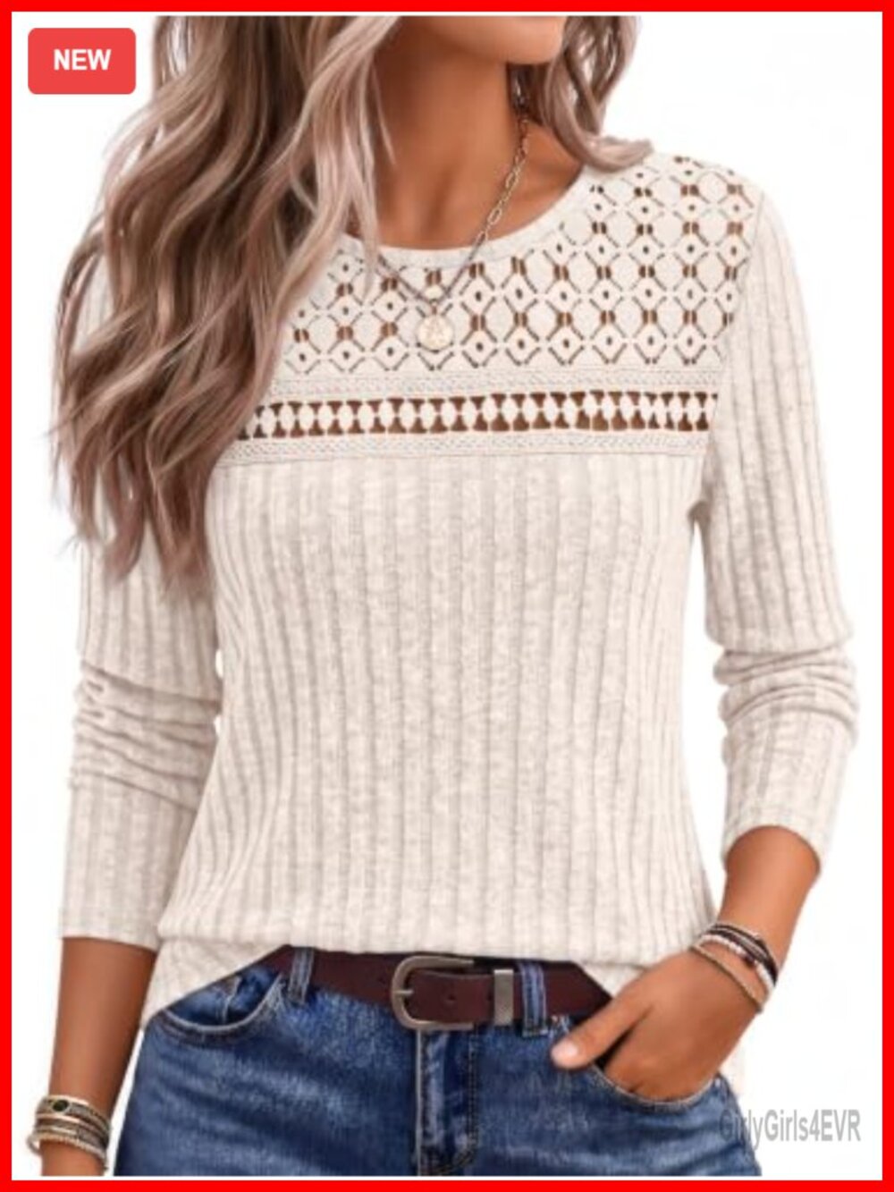 Lace Long Sleeve Sweater Blouse Crewneck Dressy Casual Pullover